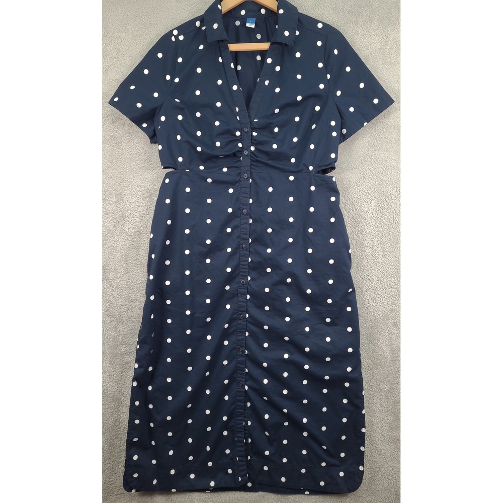 Old Navy Womens Navy Blue Polka Dot Midi Shirt Dress Sz Lg with Cut Out Nautical
